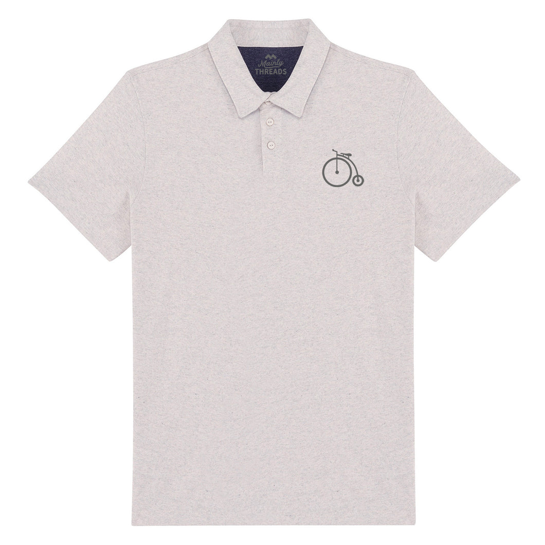 Men’s Polo Shirt 100% Recycled Cotton & Polyester with Cycling Penny Farthing Design